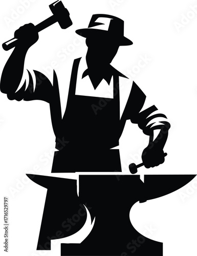 Blacksmith hammering a metal part on an anvil vector Illustration isolated on a white background