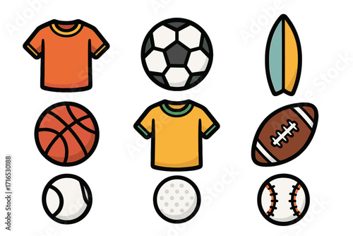 Sports equipment icon set. Vector cartoon collection of athletic gear. Includes soccer, basketball, football, baseball, tennis, and golf balls, surfboard, and sport shirts.