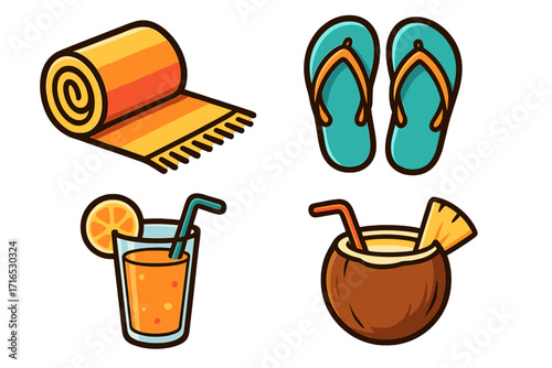 Summer beach essentials icon set. Vector cartoon collection for vacation and travel. Towel, flip flops, tropical drinks, orange juice, coconut cocktail. Relaxation objects.