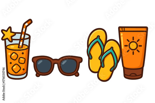Summer beach vacation essentials icon set. Fun holiday travel concept with drink, sunglasses, flip flops, sunscreen. Cartoon vector illustration for relaxation and seaside fun.