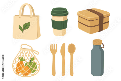 Zero waste lifestyle items set for sustainable living. Eco-friendly collection of reusable objects: tote bag, coffee cup, bento box, wooden cutlery, and water bottle.