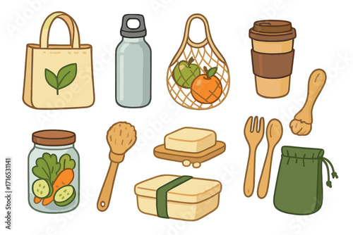 Zero waste vector elements set. Collection of eco friendly and reusable items for sustainable living. Plastic-free concept. Includes tote bag, bottle, cup, and bento box.