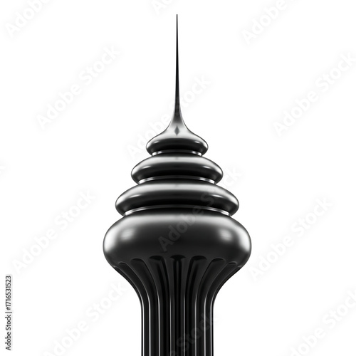 A detailed, close-up, black, metallic, ornate, architectural structure with a spire.
