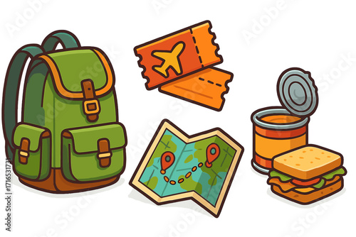 Travel essentials icon set for adventure and journey. Vector cartoon illustration of backpack, map, airplane tickets, and food for vacation, hiking, or camping trip concept.