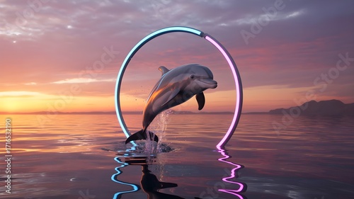 majestic dolphin leaping gracefully through a glowing hoop at sunset by the ocean, capturing marine wildlife beauty, artistic freedom, energy, and stunning aquatic nature performance scene