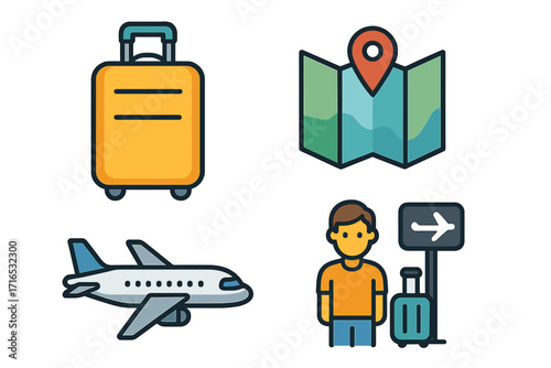Travel icon set in flat design. Vector cartoon illustration of journey and vacation symbols. Luggage, map with pin, airplane, and passenger at airport gate for tourism.