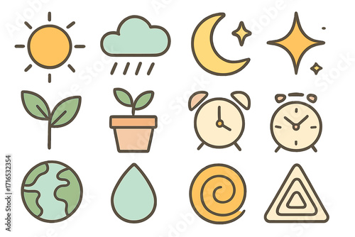 Minimalist icon set of nature, weather, time symbols. Simple flat line art for UI UX design. Sun, moon, plant, clock, earth vector cartoon illustration collection.