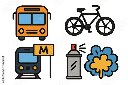 Urban transport and city life icon set. Public transportation concept with bus, subway, metro, and bicycle for mobility. Street art graffiti creativity with spray paint can.