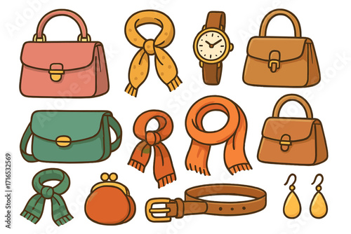 Set of fashion accessories for women. Collection of handbag, purse, scarf, watch, belt, wallet, and earrings. Autumn style concept. Vector cartoon flat illustration isolated.
