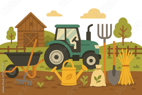 Agricultural tools and farm equipment illustration. Vector cartoon of a tractor, barn, and supplies for farming. Rural countryside landscape with modern farming essentials.