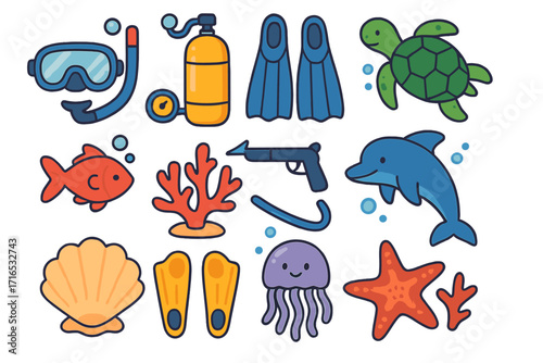 Scuba diving icon set. Snorkeling and underwater sea life collection. Marine animal cartoon vector illustration. Cute turtle, dolphin, fish, and diving equipment stickers.