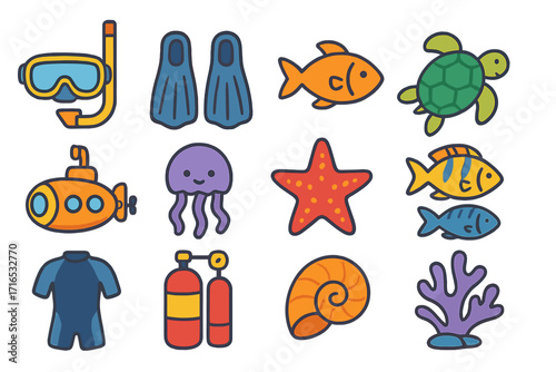 Diving and marine life icon set. Vector cartoon collection of underwater elements. Snorkeling mask, fins, fish, turtle, submarine, jellyfish, starfish, coral, scuba gear.
