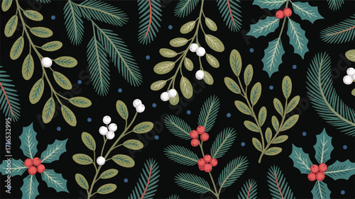A seamless pattern design of winter holiday foliage on a black background (1)_traced