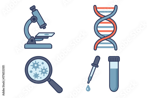 Science icon set for genetic research, lab analysis. Vector DNA, microscope, virus under magnifying glass, pipette, test tube. Biology, medicine, experiment concept.