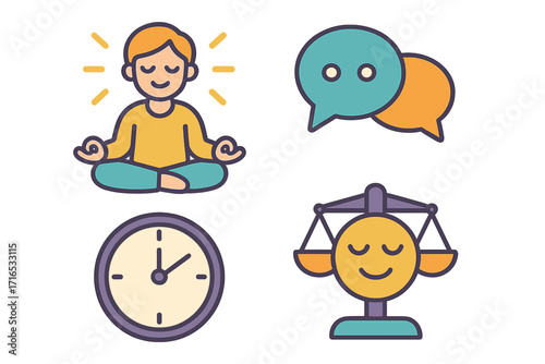 Wellness and mindfulness icon set for mental health. Vector icons of meditation, communication, time management, and emotional balance. Self-care and work-life balance concept.