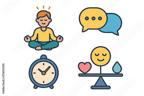 Wellness icons for mental health. Meditation, communication, time management, emotional balance concepts. Vector set for mindfulness, self-care, and work-life balance.