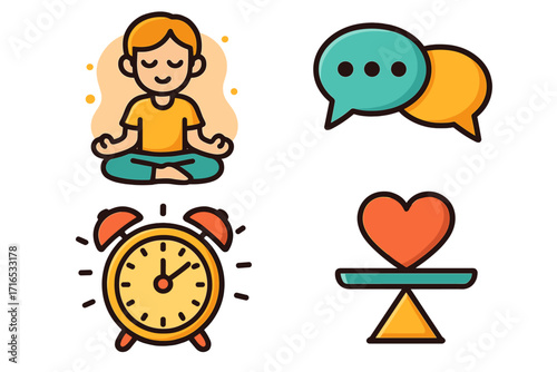 Wellness icons for mental health. Meditation, communication, time management, emotional balance concept. Mindfulness, yoga, self-care, work-life harmony vector symbols set.