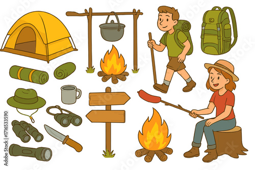 Camping and hiking equipment set. Vector cartoon illustration for outdoor summer adventure. Includes tent, campfire, backpacker, and cooking gear for nature exploration.