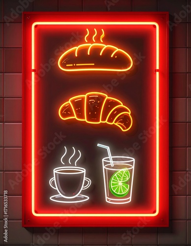 Neon Bakery Sign Delicious Bread, Croissants, Coffee, and Lemonade