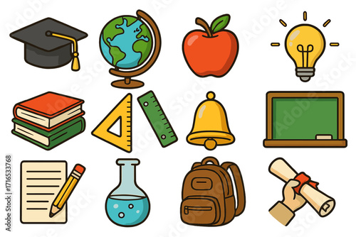 School and education icons set. Vector collection of learning and knowledge symbols. Graduation cap, book, globe, idea bulb, diploma, backpack, and other school supplies.