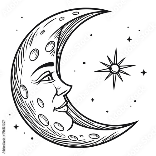 Charming Crescent Moon with Star A Whimsical Black and White Illustration