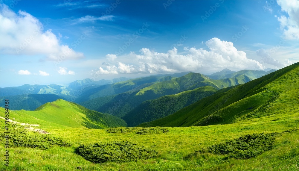 Fototapeta premium Green Mountain Landscape With Blue Sky In Summer Day
