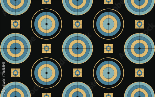 Geometric Pattern of Blue and Yellow Targets on Black Background bullseye repeating pattern