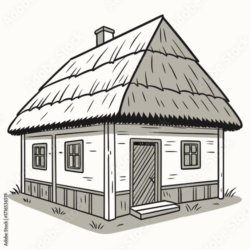 Traditional thatched roof house with wooden door and small windows, a charming rural dwelling illustration