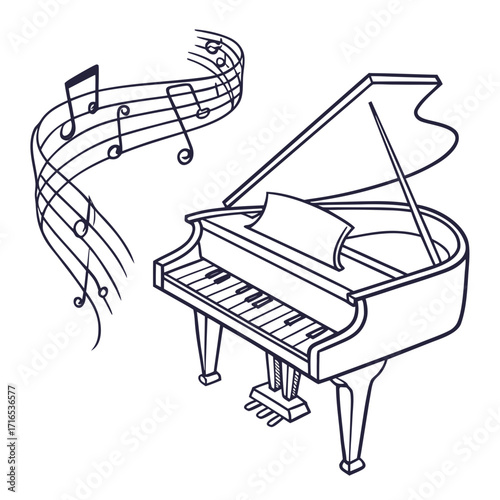 Elegant Piano Illustration with Flowing Musical Notes