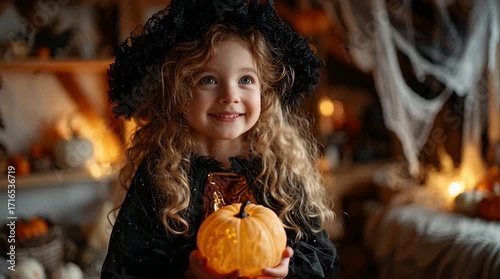 Adorable Little Girl in Witch Costume Holding Pumpkin
