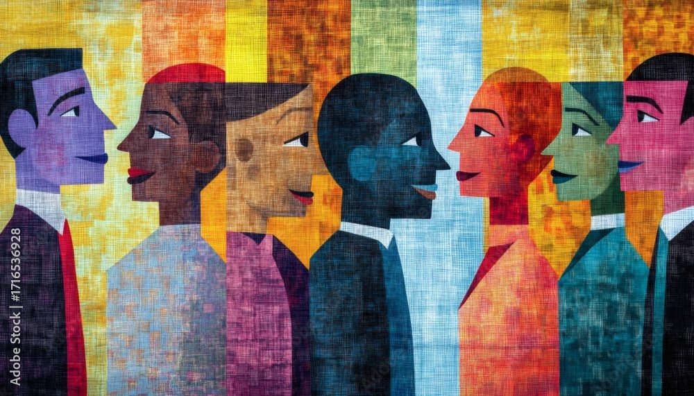 Fototapeta premium The illustration shows several stylized profile portraits of diverse individuals with varying skin tones and clothing colors, arranged in a row against a textured background.