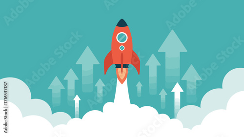 Rocket launch powering business growth with strategic arrows pointing skyward success