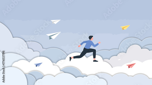 Achieve your dreams man running in clouds paper airplanes soaring imagination concept