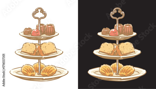 Vintage Hand-Drawn Dessert Stand Illustration – Elegant High Tea Cakes, Cupcakes, and Pastries Sketch