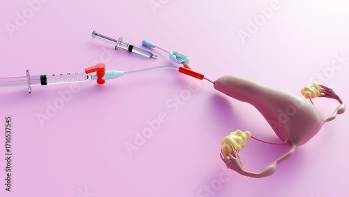 Tableau sur toile 3D rendering the female reproductive system and IUI Delivery System,  illustrating the procedure of Intrauterine Insemination (IUI)