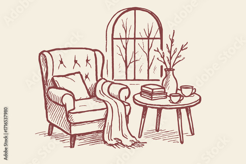 Cozy winter reading nook sketch hand drawn interior vector illustration