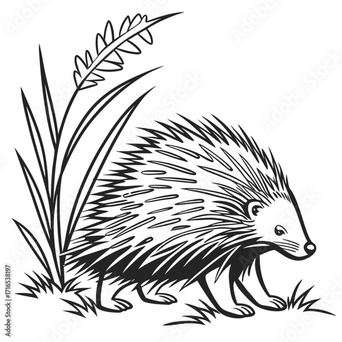 A black and white illustration of a porcupine walking in tall grass, with a simple, stylized artistic approach
