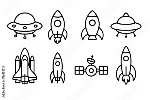 Spaceship outline icon collection with rocket ships, UFOs, satellite, editable stroke vector, cartoon space transport symbols ideal for infographics, articles, books, banners