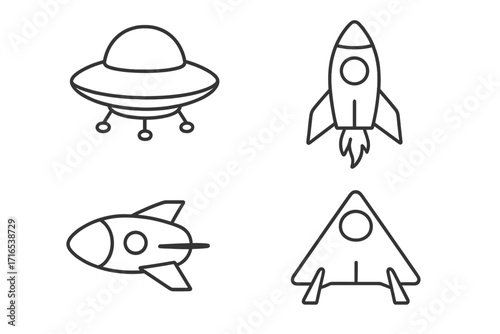 Spaceship and UFO vector set, editable stroke line art collection for infographics, articles, science fiction, rockets, UFOs, space exploration icons for flyers and banners