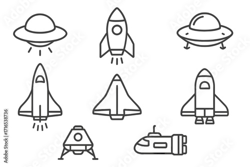 Set of editable spaceship and UFO vector icons, cartoon style rocket, space shuttle, lunar module, and UFO illustrations, perfect for infographics, articles, banners, and flyers
