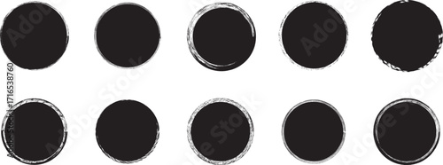 Set of black grunge rectangles circles shapes on a white background. Paint brush stamp collection.Vintage grunge boxes for collage, text, banner, sticker, poster design.Grunge round shape.
