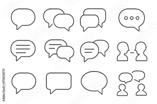 Speech bubbles and talking icons bundle, conversation and dialogue symbols set, editable stroke thin line chat and communication vector illustration perfect for apps, websites, cards, books