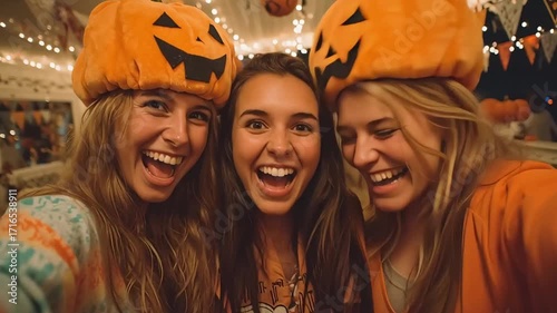 Group of Happy Girls in Pumpkin Hats Celebrating Halloween