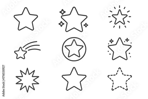 Star icon collection with editable strokes, various styles and effects, perfect for infographics, articles, books, flyers, banners, vector cartoon illustrations, transparent background