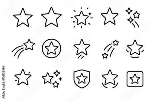 Star outline icon collection, editable stroke vector set with shining, shooting, sparkling stars, badges, and symbols, perfect for infographics, articles, books, flyers, banners, design elements