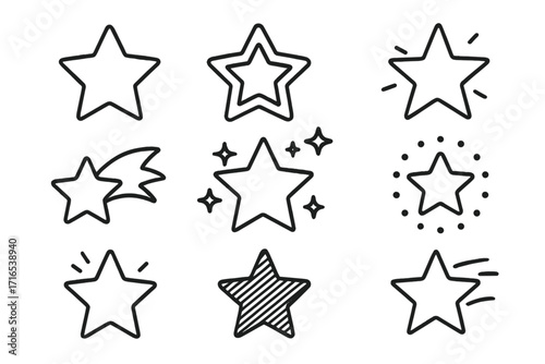 Star icons collection with editable stroke and transparent background, vector cartoon illustrations for infographics, articles, books, flyers, banners, design elements, shapes, symbols
