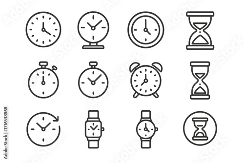 Time and Clock Icons Collection, Watch and Hourglass Thin Stroke Vector Set, Editable Line Art for Web Design, Mobile Apps, Business, and Digital Projects