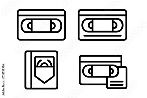 Video tape modern outline icons set for design, cards, apps, social networks, technology symbols collection, multimedia, retro cassette, video recording parts, minimal line art vector