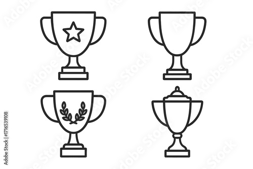 Winning cup trophy outline collection, editable stroke vector set with star, laurel, and classic trophy cup designs, perfect for infographics, articles, books, flyers, banners, and digital graphics