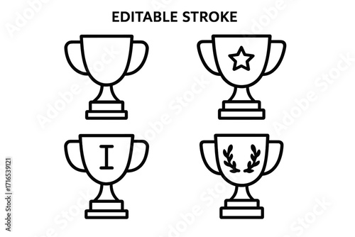 Winning cup trophy collection with editable stroke, star, laurel wreath and number one symbols, vector cartoon illustration for infographics, articles, books, flyers, banners, transparent background